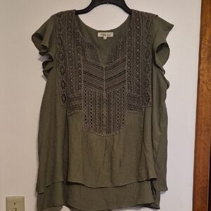 Indigo Soul WomensOlive Green Tiered Blouse With Matching Crocheted Trim SZ XL